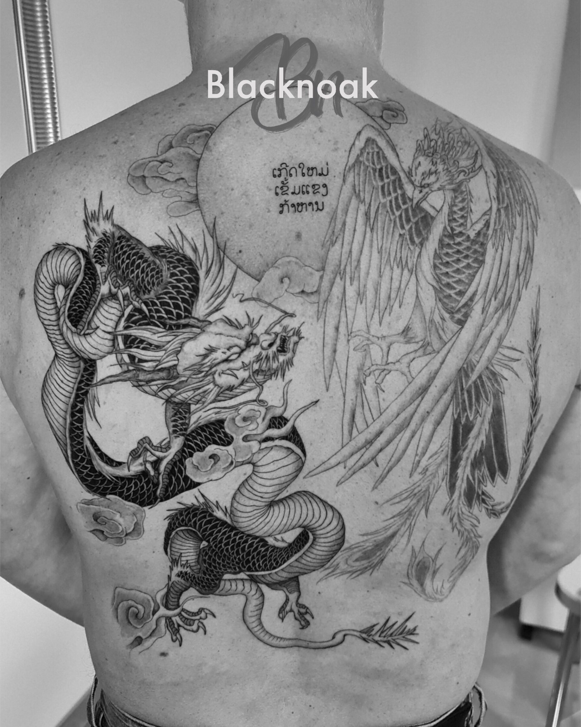 tatouage Dragon, phénix & lune